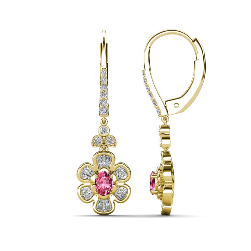 Naira Fine Unseen 0.90 ctw Oval Shape Pink Tourmaline accented Round & Baguette Natural Diamond Floral Dangle Earrings 