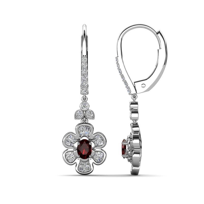 Naira Fine Unseen 0.75 ctw Oval Shape Red Garnet accented Round & Baguette Natural Diamond Floral Dangle Earrings 