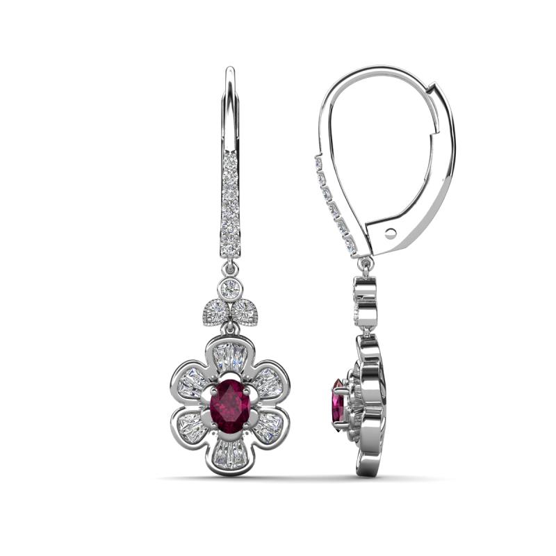 Naira Fine Unseen 0.75 ctw Oval Shape Rhodolite Garnet accented Round & Baguette Natural Diamond Floral Dangle Earrings 