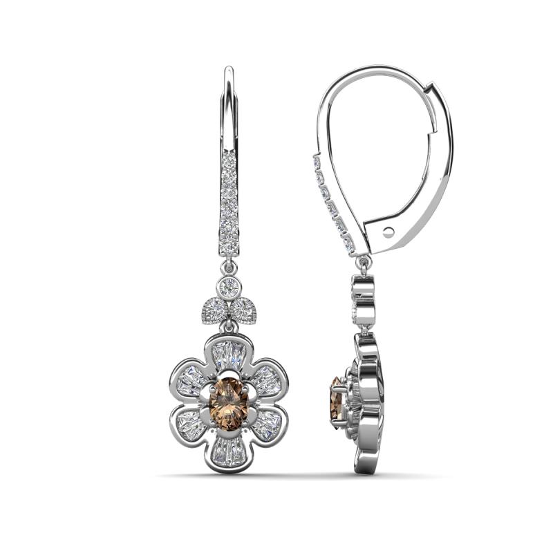 Naira Fine Unseen 0.90 ctw Oval Shape Smoky Quartz accented Round & Baguette Natural Diamond Floral Dangle Earrings 