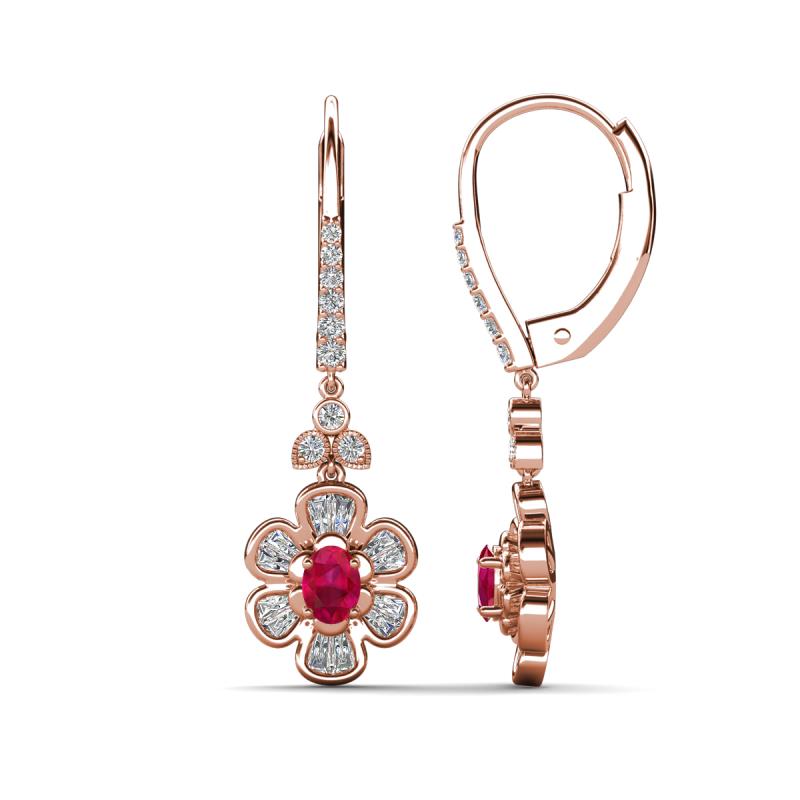 Naira Fine Unseen 1.00 ctw Oval Shape Ruby accented Round & Baguette Natural Diamond Floral Dangle Earrings 