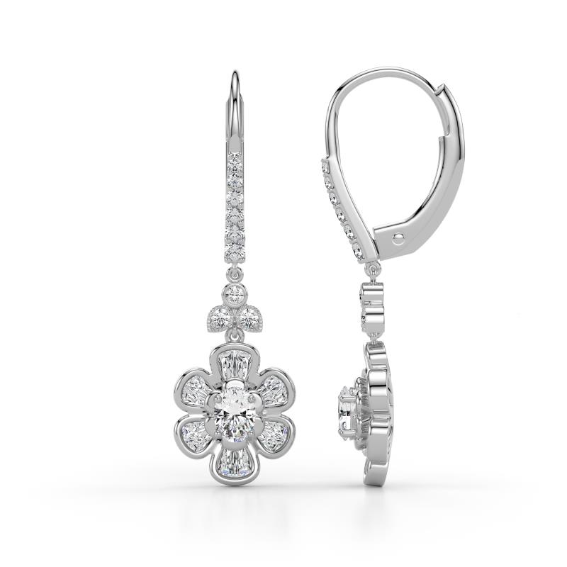 Naira Fine Unseen 0.85 ctw Oval Shape Natural Diamond accented Round & Baguette Diamond Floral Dangle Earrings 