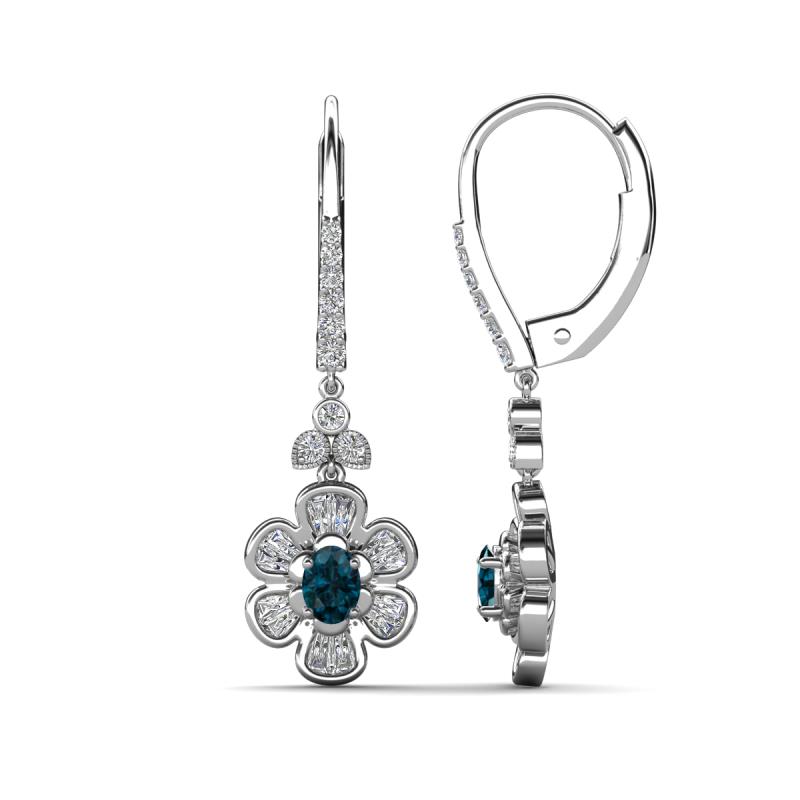 Naira Fine Unseen 0.95 ctw Oval Shape London Blue Topaz accented Round & Baguette Natural Diamond Floral Dangle Earrings 