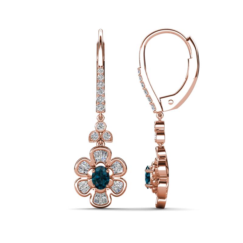 Naira Fine Unseen 0.95 ctw Oval Shape London Blue Topaz accented Round & Baguette Natural Diamond Floral Dangle Earrings 