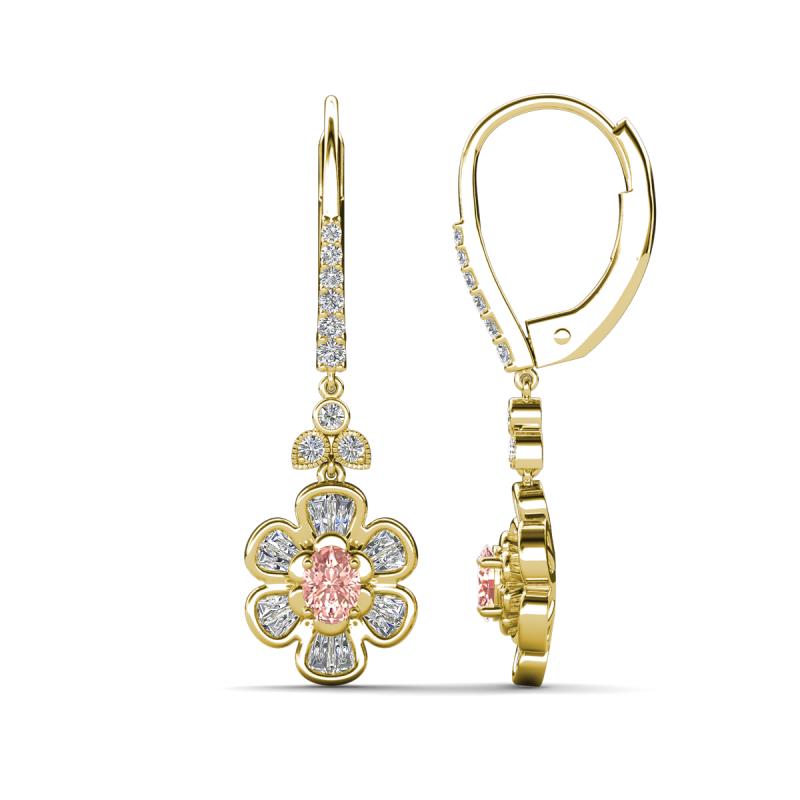 Naira Fine Unseen 0.75 ctw Oval Shape Morganite accented Round & Baguette Natural Diamond Floral Dangle Earrings 