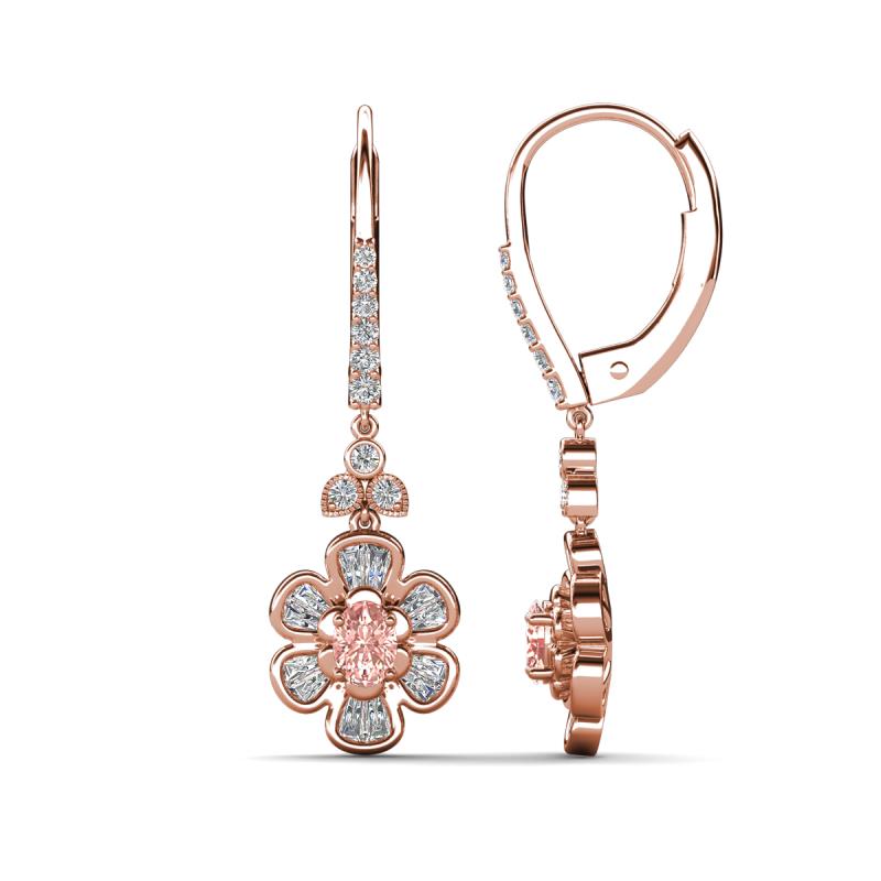 Naira Fine Unseen 0.75 ctw Oval Shape Morganite accented Round & Baguette Natural Diamond Floral Dangle Earrings 
