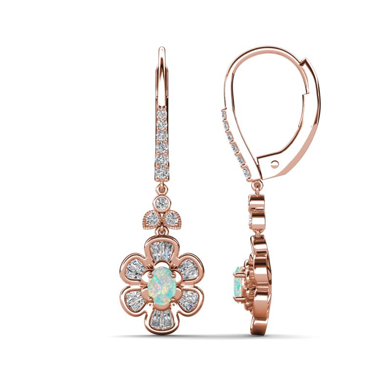 Naira Fine Unseen 0.75 ctw Oval Shape Opal accented Round & Baguette Natural Diamond Floral Dangle Earrings 