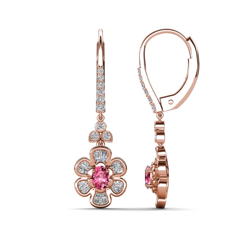 Naira Fine Unseen 0.90 ctw Oval Shape Pink Tourmaline accented Round & Baguette Natural Diamond Floral Dangle Earrings 