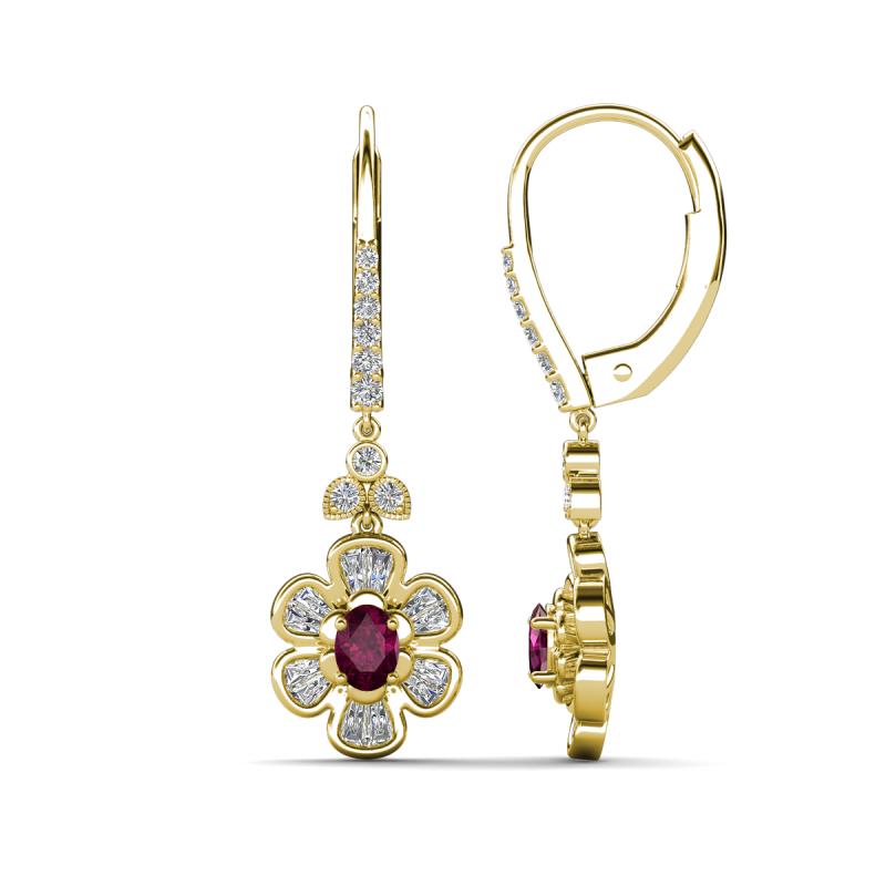Naira Fine Unseen 0.75 ctw Oval Shape Rhodolite Garnet accented Round & Baguette Natural Diamond Floral Dangle Earrings 