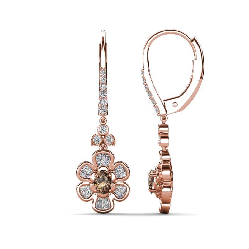 Naira Fine Unseen 0.90 ctw Oval Shape Smoky Quartz accented Round & Baguette Natural Diamond Floral Dangle Earrings 