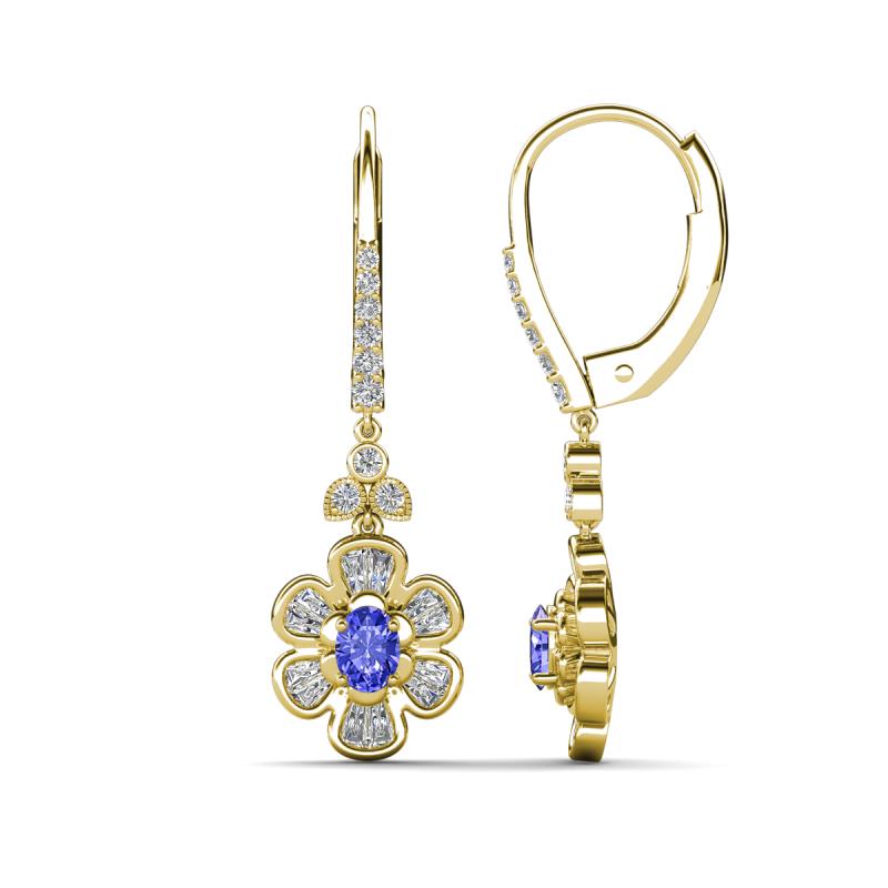 Naira Fine Unseen 0.75 ctw Oval Shape Tanzanite accented Round & Baguette Natural Diamond Floral Dangle Earrings 