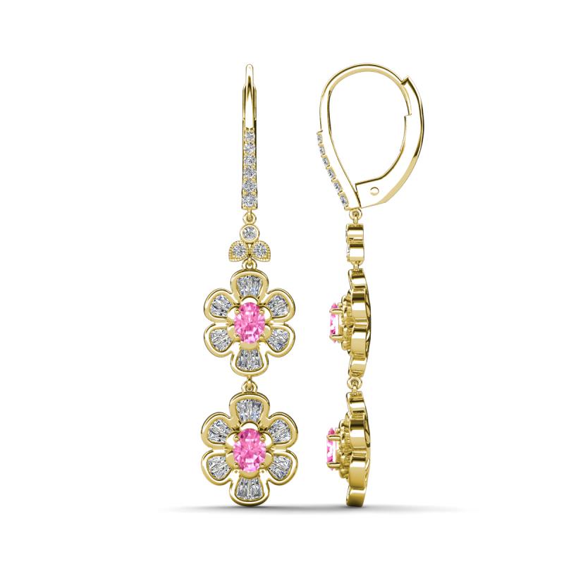 Nysa Fine Unseen 2.00 ctw Double Floral Drop Oval Shape Pink Sapphire accented Round & Baguette Natural Diamond Dangle Earrings 