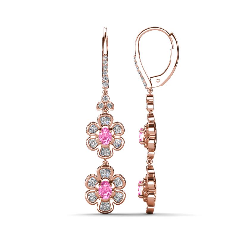 Nysa Fine Unseen 2.00 ctw Double Floral Drop Oval Shape Pink Sapphire accented Round & Baguette Natural Diamond Dangle Earrings 