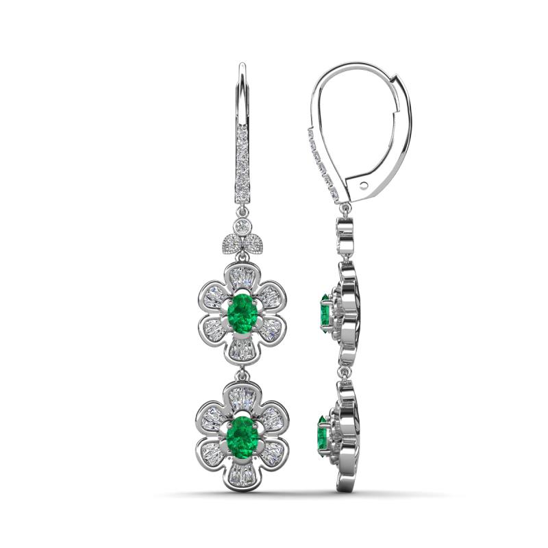 Nysa Fine Unseen 1.85 ctw Double Floral Drop Oval Shape Emerald accented Round & Baguette Natural Diamond Dangle Earrings 