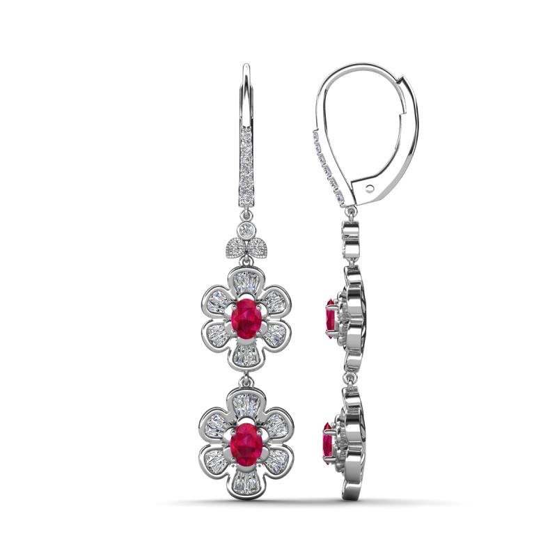 Nysa Fine Unseen 2.15 ctw Double Floral Drop Oval Shape Ruby accented Round & Baguette Natural Diamond Dangle Earrings 