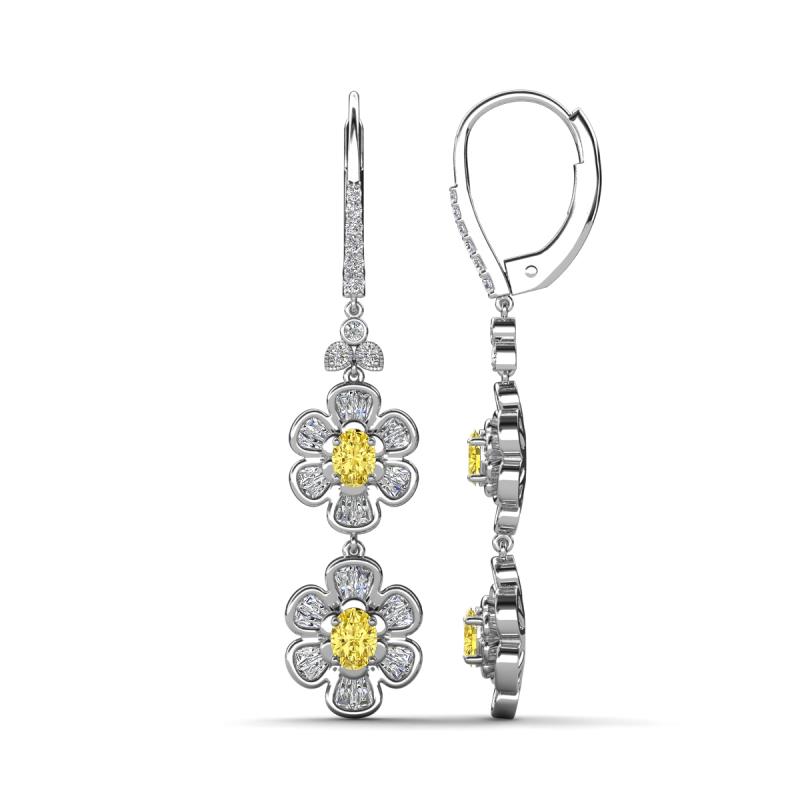 Nysa Fine Unseen 2.35 ctw Double Floral Drop Oval Shape Yellow Sapphire accented Round & Baguette Natural Diamond Dangle Earrings 