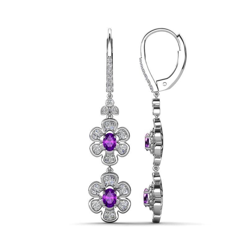 Nysa Fine Unseen 1.80 ctw Double Floral Drop Oval Shape Amethyst accented Round & Baguette Natural Diamond Dangle Earrings 