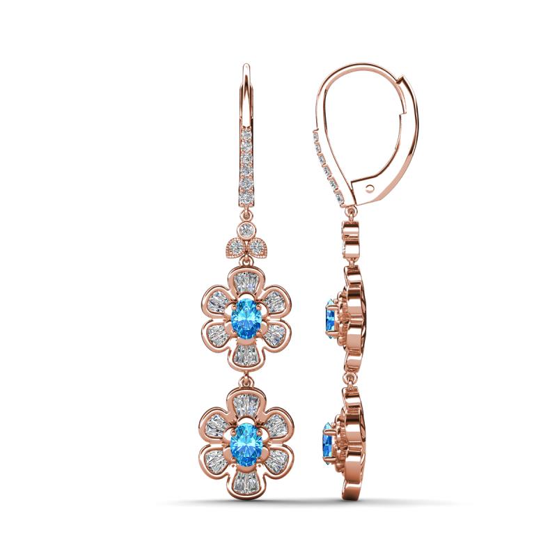Nysa Fine Unseen 1.95 ctw Double Floral Drop Oval Shape Blue Topaz accented Round & Baguette Natural Diamond Dangle Earrings 