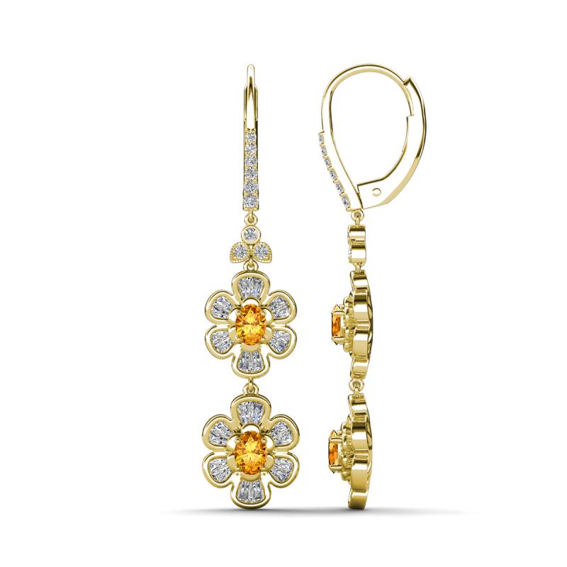 Nysa Fine Unseen 1.80 ctw Double Floral Drop Oval Shape Citrine accented Round & Baguette Natural Diamond Dangle Earrings 