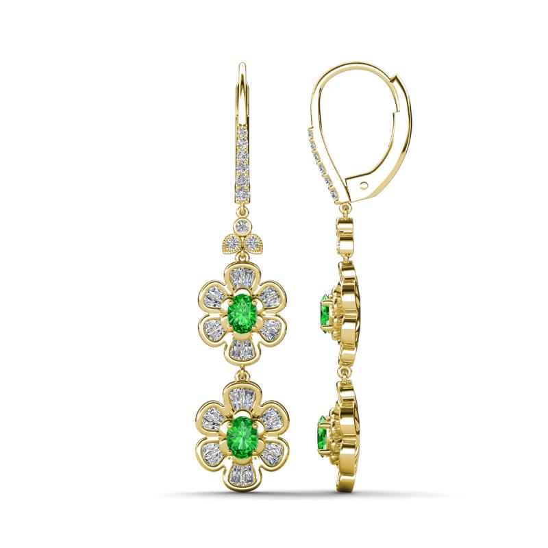 Nysa Fine Unseen 1.95 ctw Double Floral Drop Oval Shape Green Garnet accented Round & Baguette Natural Diamond Dangle Earrings 