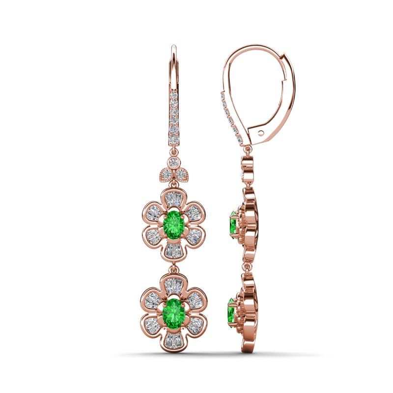 Nysa Fine Unseen 1.95 ctw Double Floral Drop Oval Shape Green Garnet accented Round & Baguette Natural Diamond Dangle Earrings 