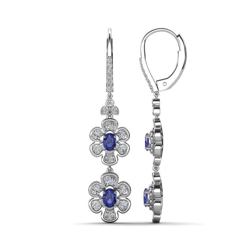 Nysa Fine Unseen 1.80 ctw Double Floral Drop Oval Shape Iolite accented Round & Baguette Natural Diamond Dangle Earrings 