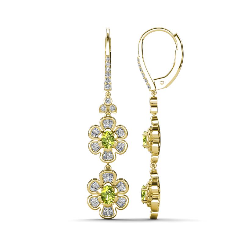 Nysa Fine Unseen 1.95 ctw Double Floral Drop Oval Shape Peridot accented Round & Baguette Natural Diamond Dangle Earrings 