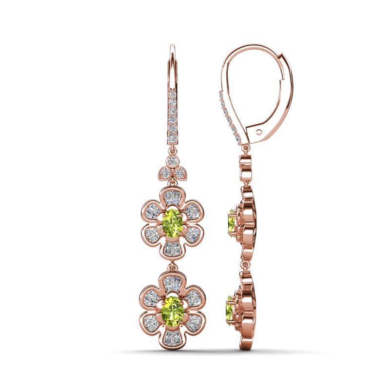 Nysa Fine Unseen 1.95 ctw Double Floral Drop Oval Shape Peridot accented Round & Baguette Natural Diamond Dangle Earrings 