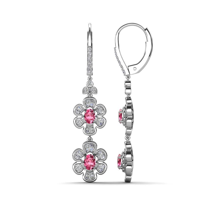 Nysa Fine Unseen 1.80 ctw Double Floral Drop Oval Shape Pink Tourmaline accented Round & Baguette Natural Diamond Dangle Earrings 