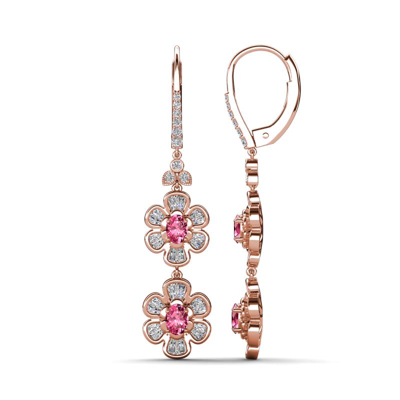 Nysa Fine Unseen 1.80 ctw Double Floral Drop Oval Shape Pink Tourmaline accented Round & Baguette Natural Diamond Dangle Earrings 