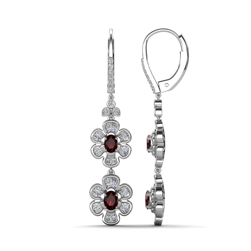 Nysa Fine Unseen 1.95 ctw Double Floral Drop Oval Shape Red Garnet accented Round & Baguette Natural Diamond Dangle Earrings 