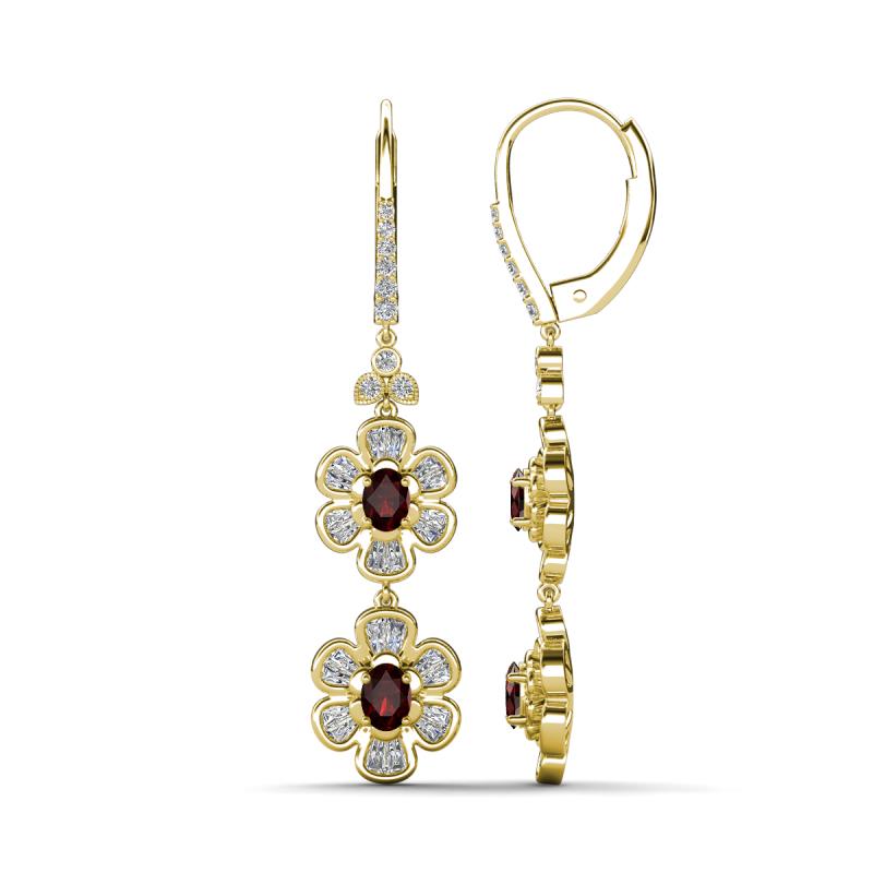 Nysa Fine Unseen 1.95 ctw Double Floral Drop Oval Shape Red Garnet accented Round & Baguette Natural Diamond Dangle Earrings 