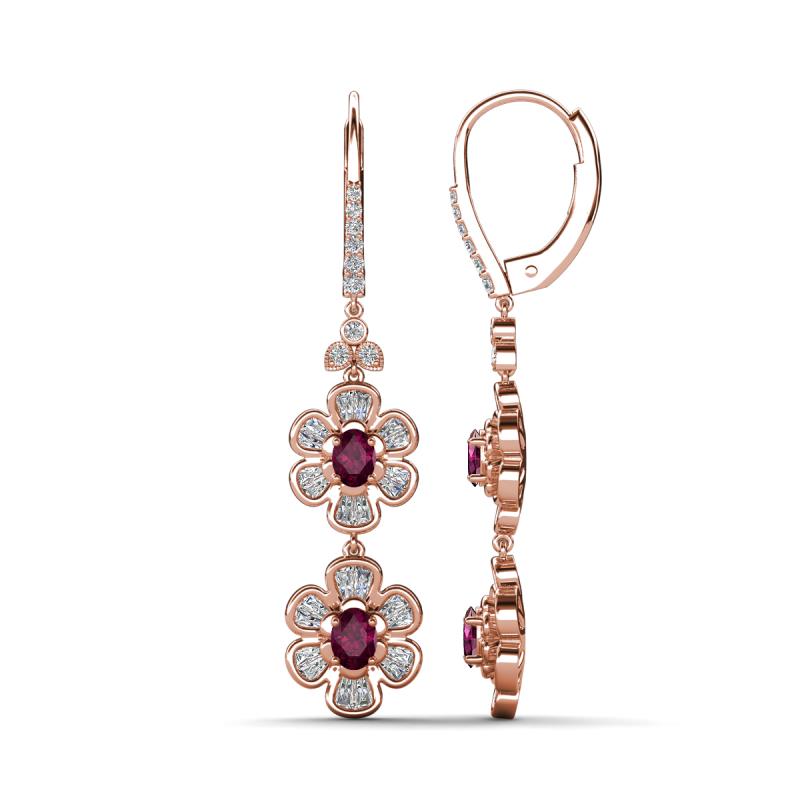 Nysa Fine Unseen 1.95 ctw Double Floral Drop Oval Shape Rhodolite Garnet accented Round & Baguette Natural Diamond Dangle Earrings 