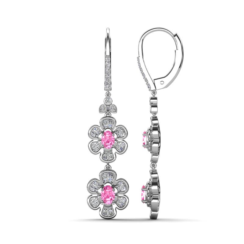 Nysa Fine Unseen 2.00 ctw Double Floral Drop Oval Shape Pink Sapphire accented Round & Baguette Natural Diamond Dangle Earrings 