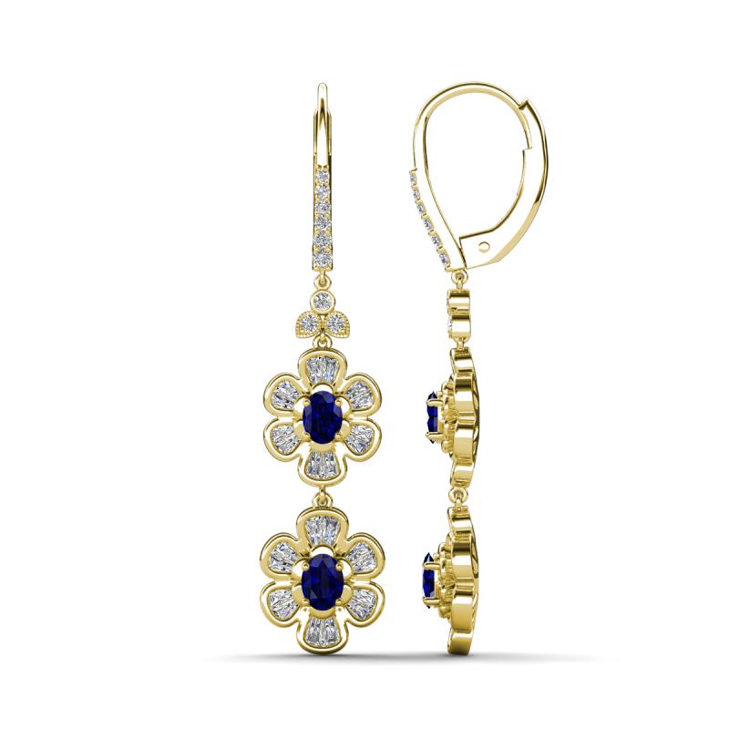 Nysa Fine Unseen 2.00 ctw Double Floral Drop Oval Shape Blue Sapphire accented Round & Baguette Natural Diamond Dangle Earrings 