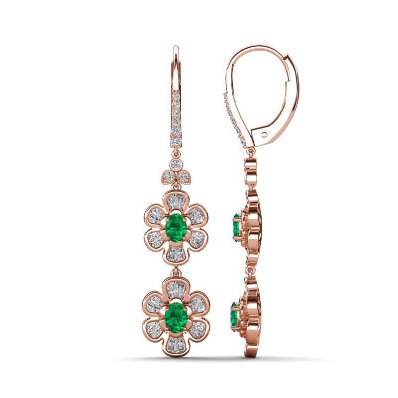 Nysa Fine Unseen 1.85 ctw Double Floral Drop Oval Shape Emerald accented Round & Baguette Natural Diamond Dangle Earrings 