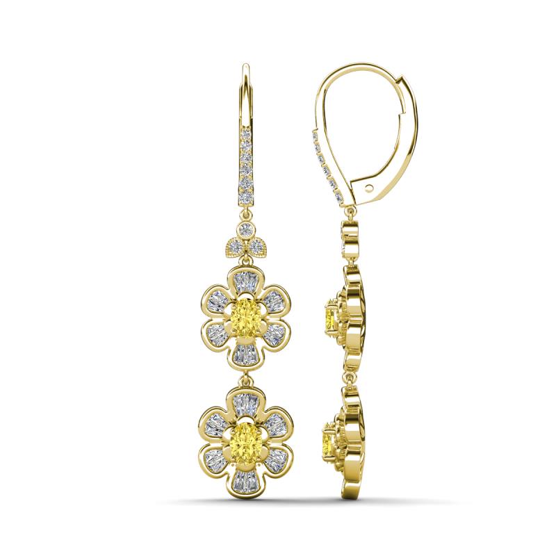Nysa Fine Unseen 2.35 ctw Double Floral Drop Oval Shape Yellow Sapphire accented Round & Baguette Natural Diamond Dangle Earrings 