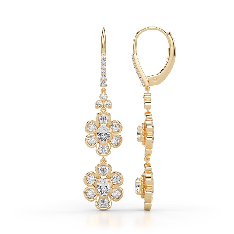 Nysa Fine Unseen 1.75 ctw Double Floral Drop Oval Shape Natural Diamond accented Round & Baguette Diamond Dangle Earrings 