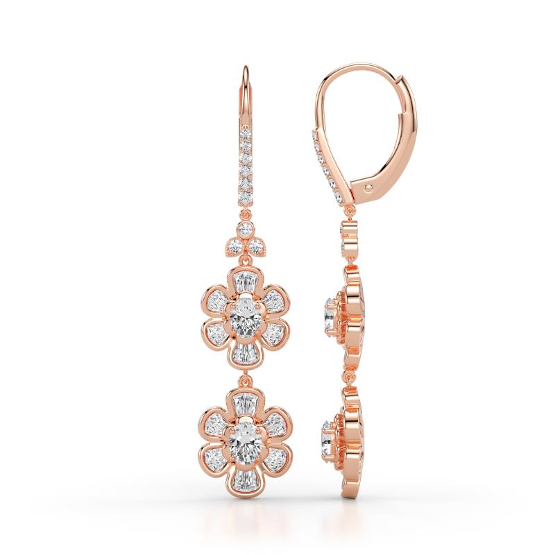 Nysa Fine Unseen 1.75 ctw Double Floral Drop Oval Shape Natural Diamond accented Round & Baguette Diamond Dangle Earrings 