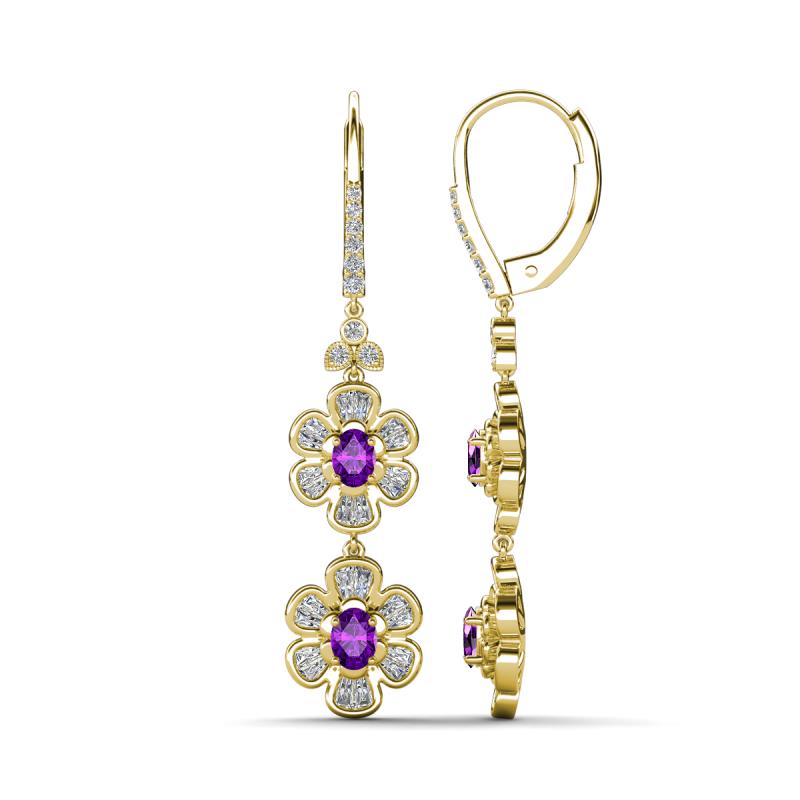 Nysa Fine Unseen 1.80 ctw Double Floral Drop Oval Shape Amethyst accented Round & Baguette Natural Diamond Dangle Earrings 