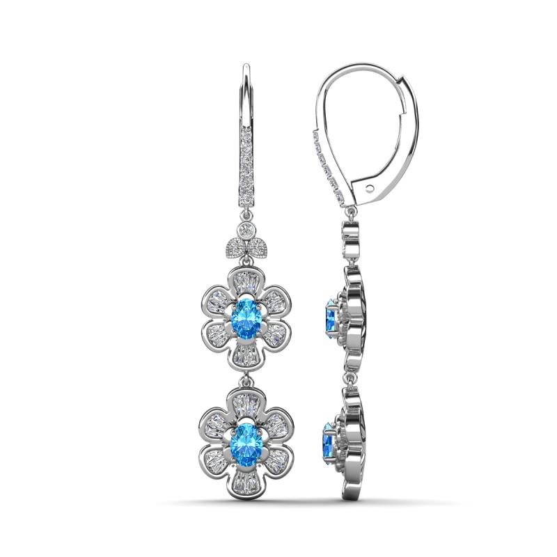 Nysa Fine Unseen 1.95 ctw Double Floral Drop Oval Shape Blue Topaz accented Round & Baguette Natural Diamond Dangle Earrings 