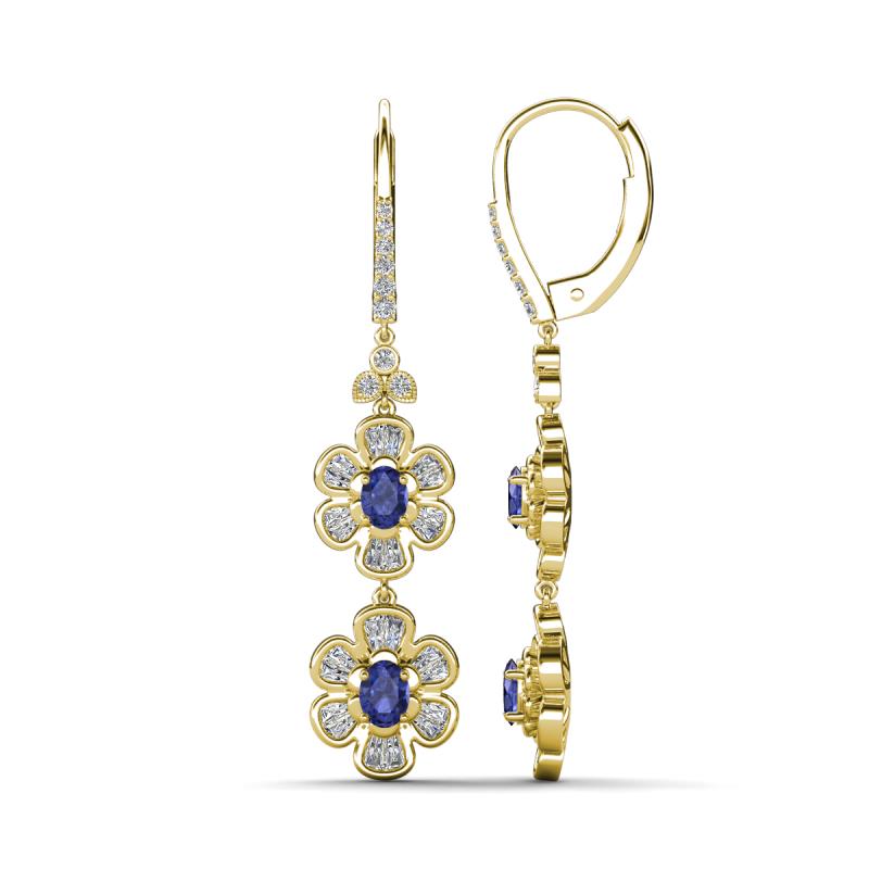 Nysa Fine Unseen 1.80 ctw Double Floral Drop Oval Shape Iolite accented Round & Baguette Natural Diamond Dangle Earrings 
