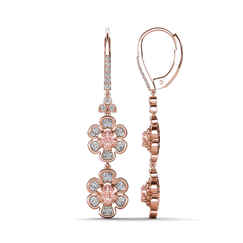 Nysa Fine Unseen 1.95 ctw Double Floral Drop Oval Shape Morganite accented Round & Baguette Natural Diamond Dangle Earrings 