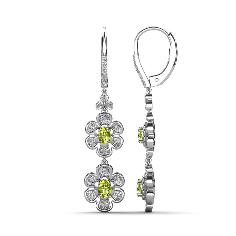 Nysa Fine Unseen 1.95 ctw Double Floral Drop Oval Shape Peridot accented Round & Baguette Natural Diamond Dangle Earrings 