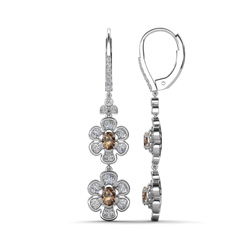 Nysa Fine Unseen 1.80 ctw Double Floral Drop Oval Shape Smoky Quartz accented Round & Baguette Natural Diamond Dangle Earrings 