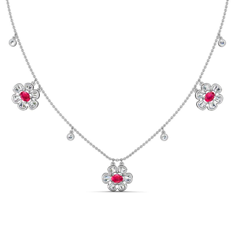 Viana Fine Unseen 1.40 ctw Oval Shape Ruby accented Baguette & Rose Cut Natural Diamond Floral Necklace 
