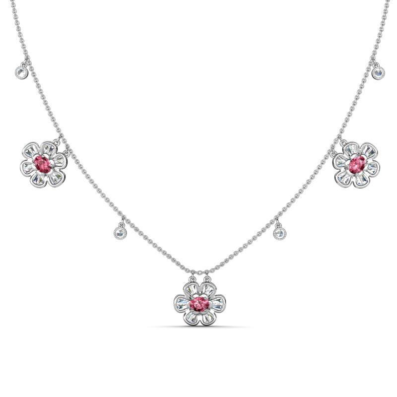 Viana Fine Unseen 1.15 ctw Oval Shape Pink Tourmaline accented Baguette & Rose Cut Natural Diamond Floral Necklace 