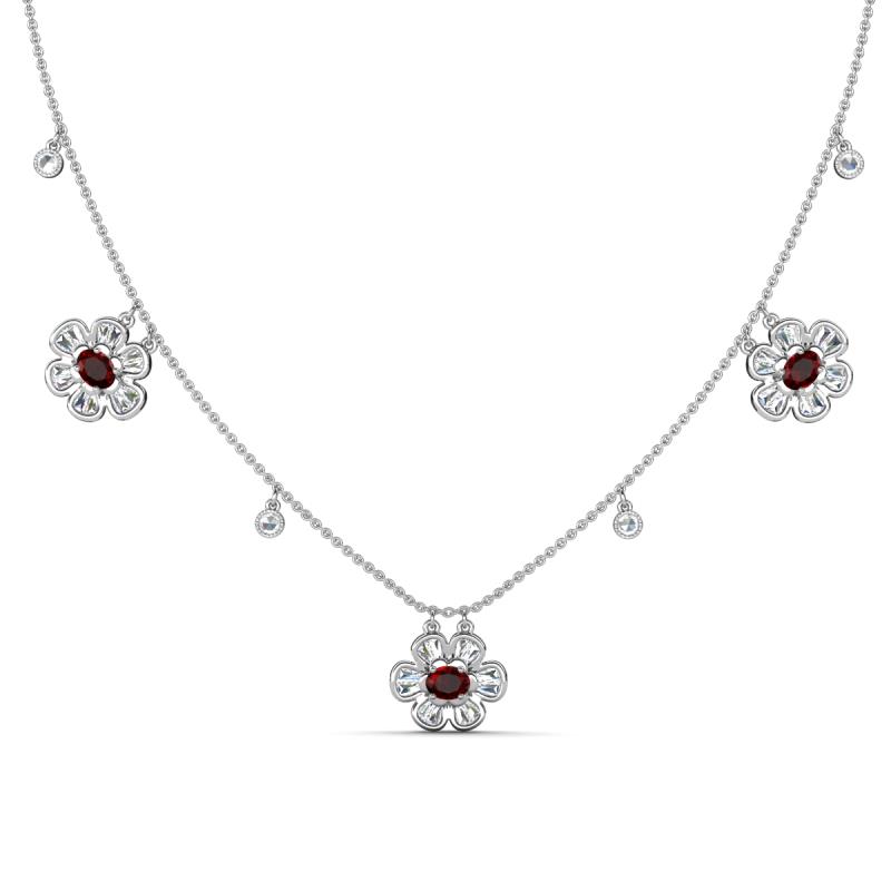 Viana Fine Unseen 1.25 ctw Oval Shape Red Garnet accented Baguette & Rose Cut Natural Diamond Floral Necklace 