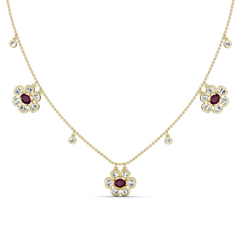 Viana Fine Unseen 1.25 ctw Oval Shape Rhodolite Garnet accented Baguette & Rose Cut Natural Diamond Floral Necklace 