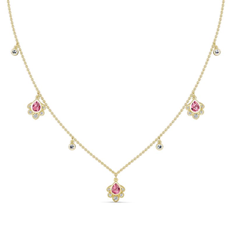 Inara Fine Unseen 0.75 ctw Pear Shape Pink Tourmaline accented Round & Rose Cut Natural Diamond Floral Necklace 
